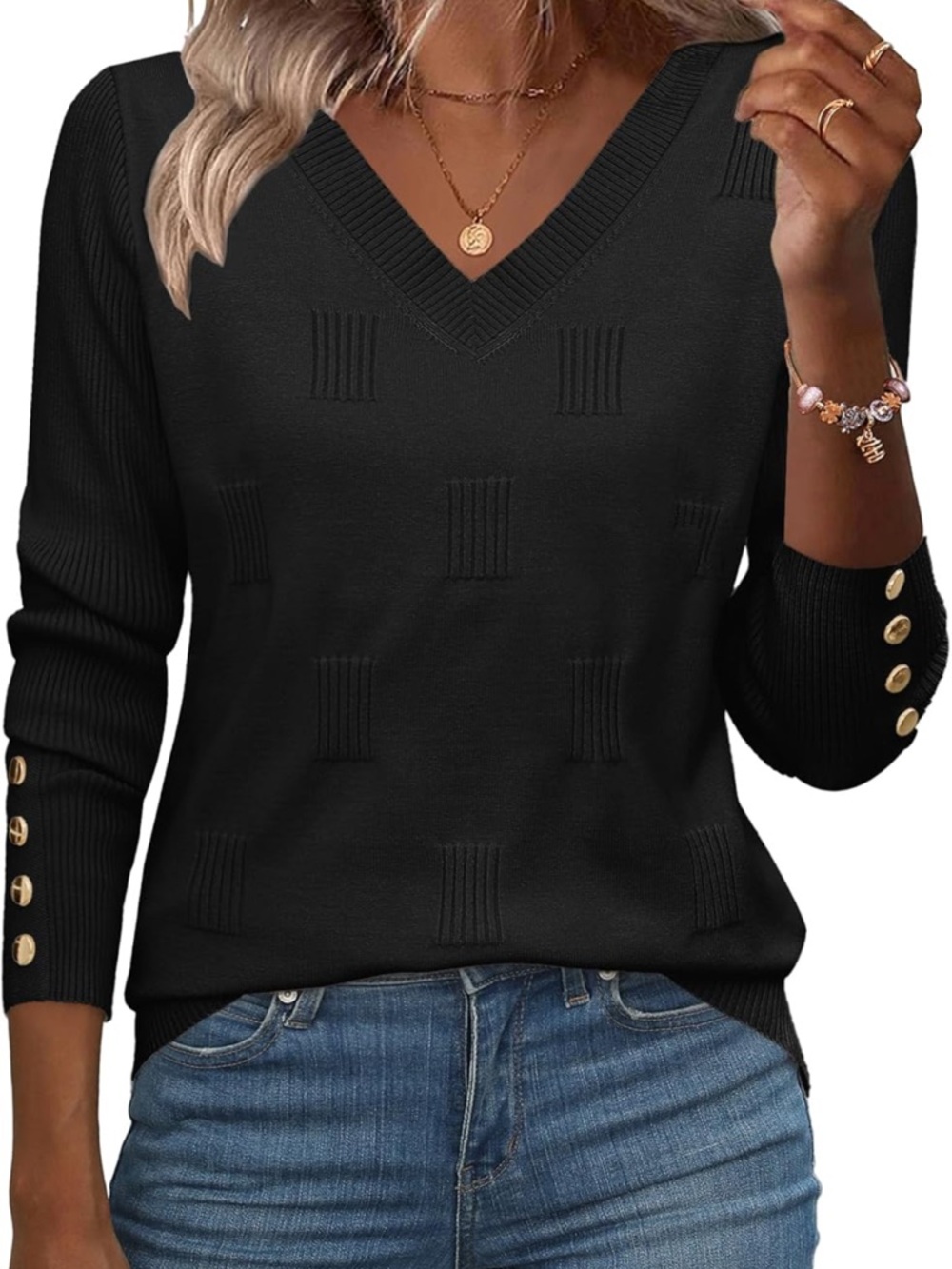 Black V-Neck Button Cuff Sweater
